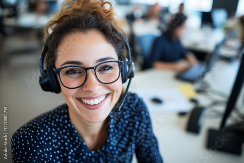 Servicefachkraft im Dialogmarketing telefoniert in modernem Callcenter