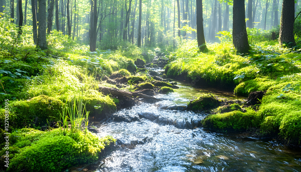 River flowing through mossy forest with morning sunlight, nature background, ecology River flowing through mossy forest with morning sunlight, nature background, ecology