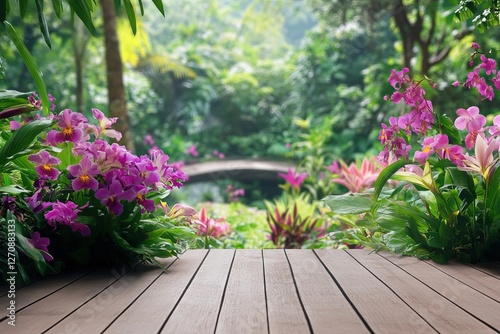 Wooden deck, orchids, garden bridge, lush greenery, calm