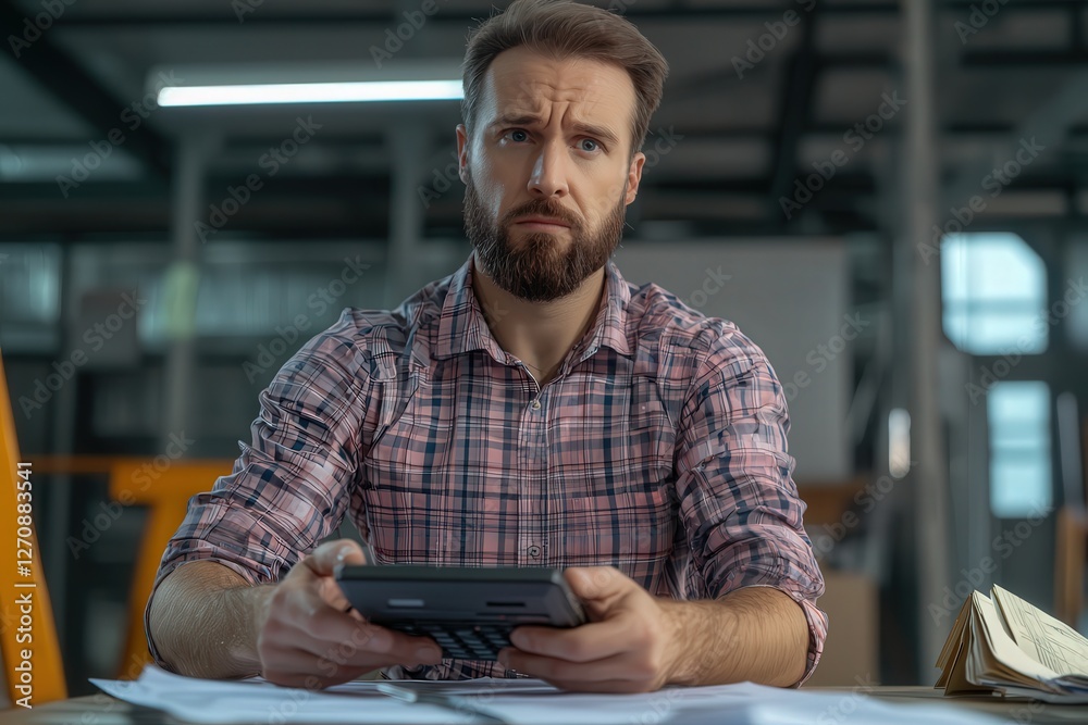 A finance expert using a calculator to analyze company profits and losses.