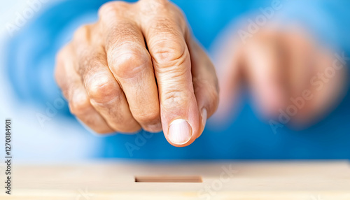 Senior's hand putting vote in box with blue background for social contribution use