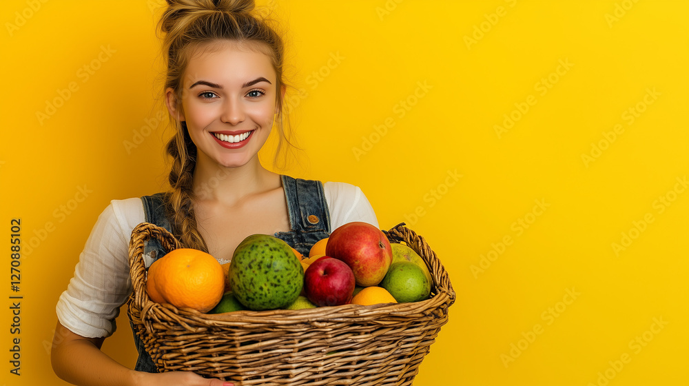 beauty farmer woman holding fruits in basket, marketing photography, happy to sell you a product, standing, smiling on solid background beauty farmer woman holding fruits in basket, marketing photography, happy to sell you a product, standing, smiling on solid background
