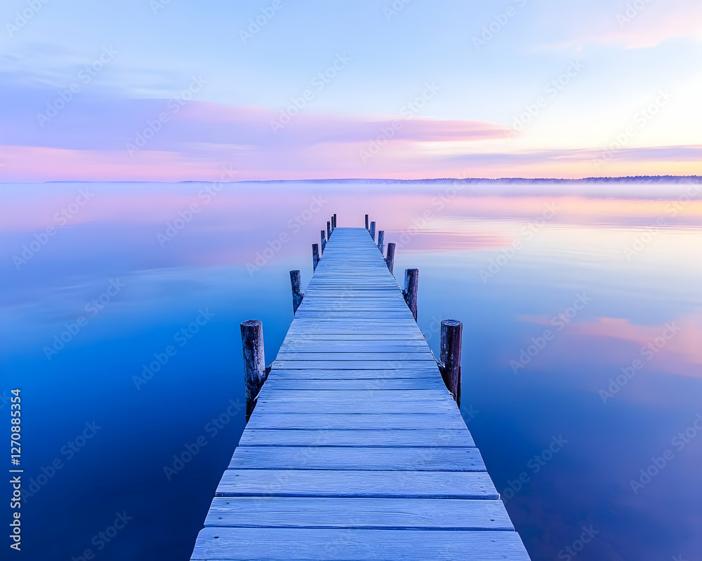 Fototapeta premium Serene pier stretches to calm waters at dusk, creating a peaceful scene