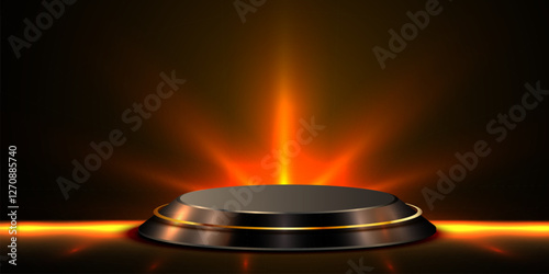 Award round podium on dark background. Achievement, success, rewarding of winner.