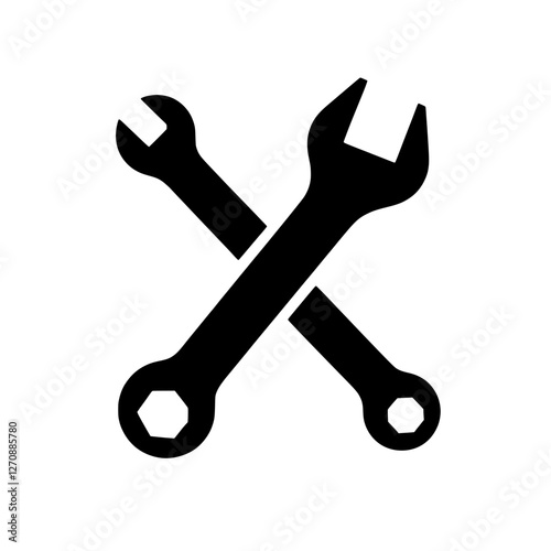 Crossed Wrenches: Depicting precision and craftsmanship, the crossed wrenches suggest repair, construction and industrial processes, all rendered in stark black against the background.