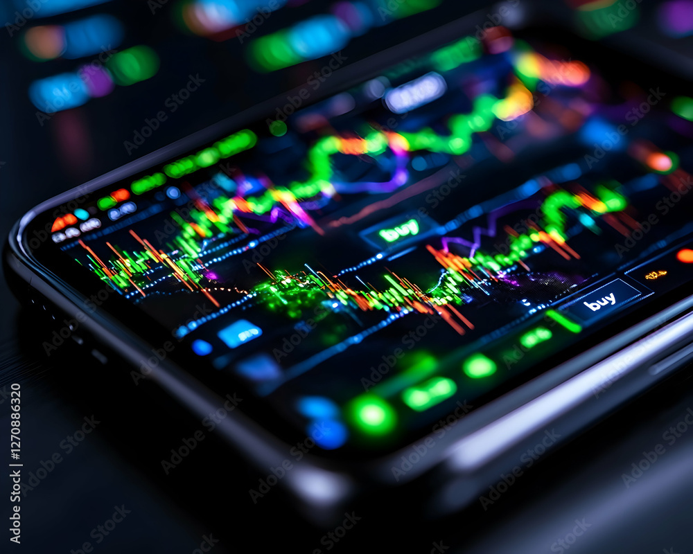 Smartphone shows stock chart. Finance, tech, business, commerce, market data Smartphone shows stock chart. Finance, tech, business, commerce, market data