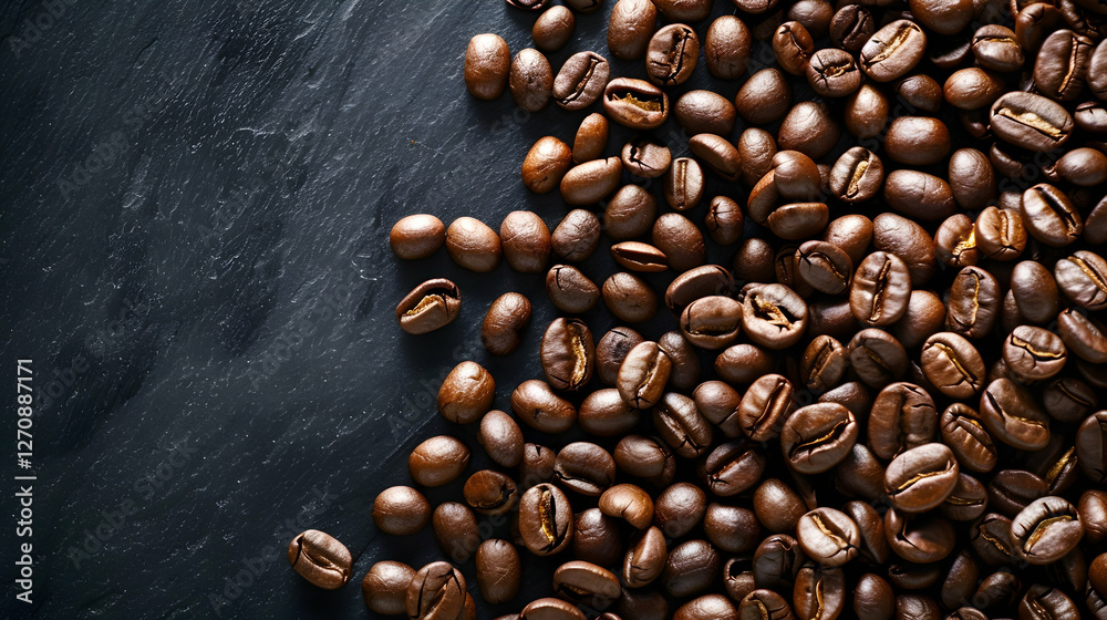 Close-up of roasted coffee beans scattered on a dark surface, showcasing their rich texture and color Close-up of roasted coffee beans scattered on a dark surface, showcasing their rich texture and color
