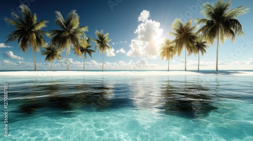 A remote island paradise surrounded by crystal-clear turquoise waters. Towering palm trees sway gently as soft waves lap against the pristine white sand.