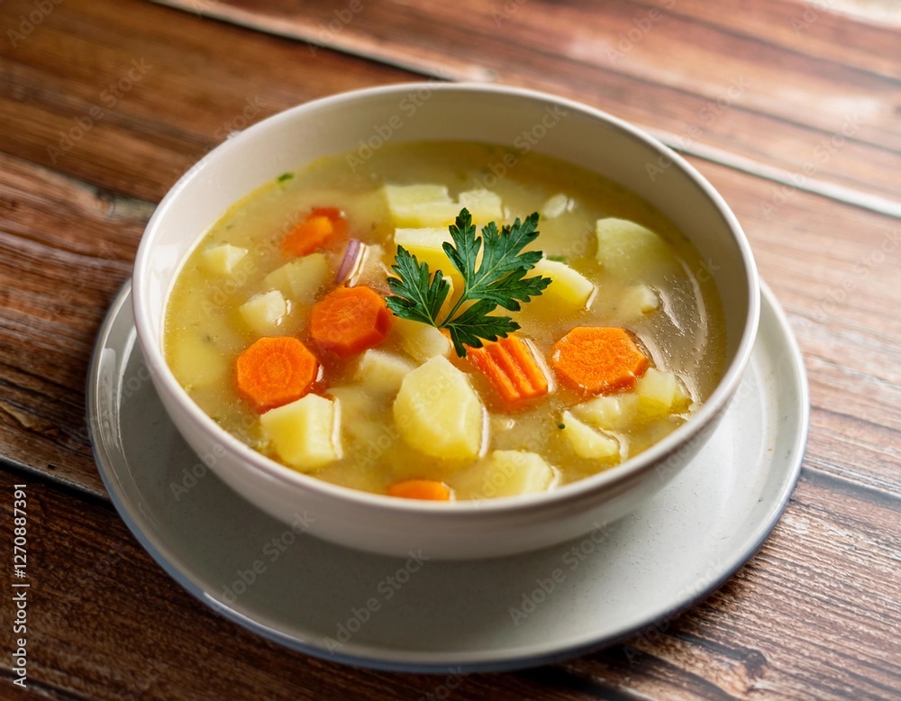 Vegetables soup consist with potato and carrot in white bowl on wooden table background Vegetables soup consist with potato and carrot in white bowl on wooden table background
