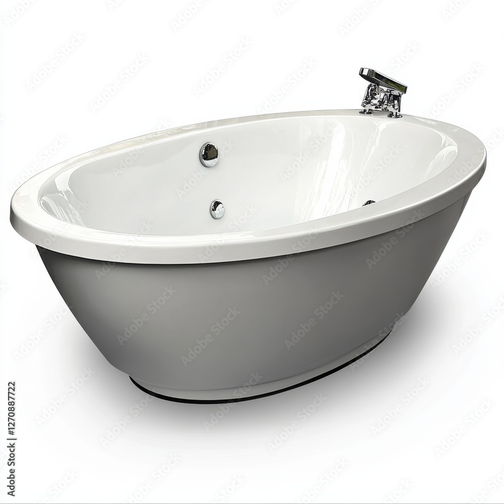 Modern oval bathtub with a sleek design, featuring chrome fixtures and a contrasting gray exterior against a white interior, ideal for contemporary bathrooms.