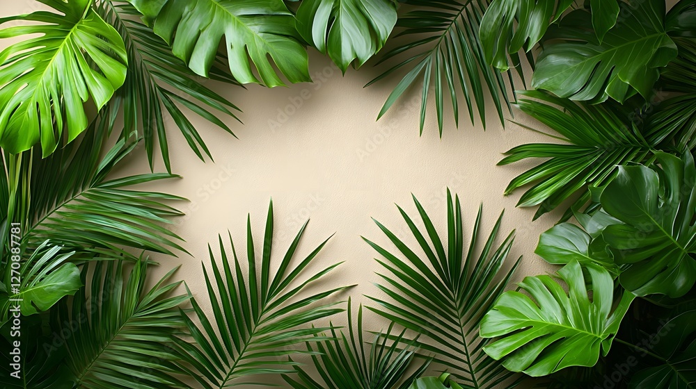 Obraz premium Flat lay composition featuring a symmetrical arrangement of fresh green coconut leaves against a neutral backdrop with soft