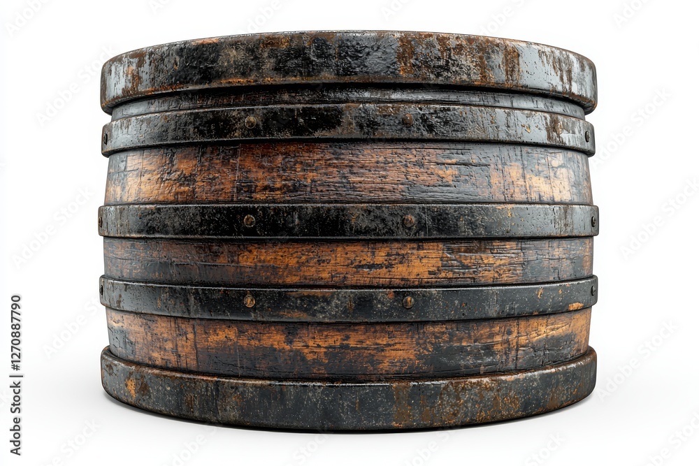 Isolated close-up of a black round metal barrel on a white background, depicting an oil drum, steel keg, tin canister, aluminum cask, petroleum storage packaging, fuel container, gasoline tank, and Isolated close-up of a black round metal barrel on a white background, depicting an oil drum, steel keg, tin canister, aluminum cask, petroleum storage packaging, fuel container, gasoline tank, and