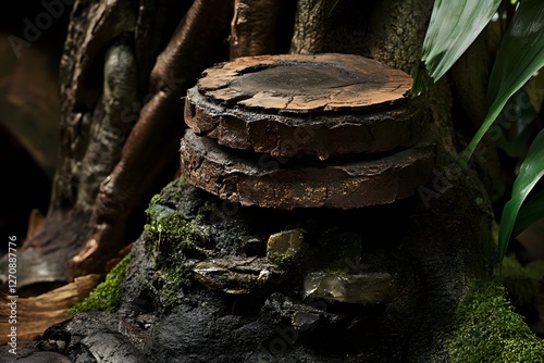 Wooden discs, terrarium, mossy base, jungle backdrop, pet habitat photo