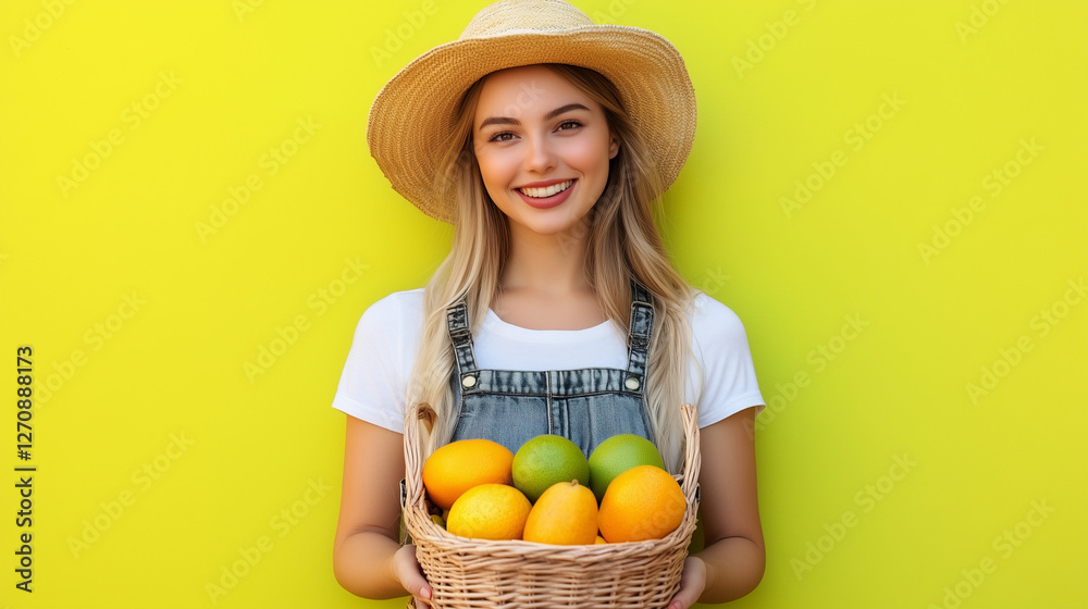 beauty farmer woman holding fruits in basket, marketing photography, happy to sell you a product, standing, smiling on solid background beauty farmer woman holding fruits in basket, marketing photography, happy to sell you a product, standing, smiling on solid background