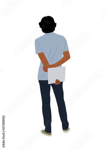 Business man standing full length rear view, holding laptop or digital tablet. Handsome guy in smart casual office outfit from behind, turned back. Vector illustration isolated