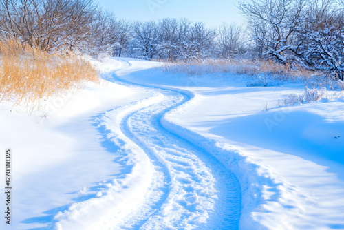 Snow track curves through serene winter wonderland, snow covered trees background