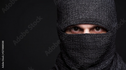 cyber security ransomware access control concept. Mysterious figure in a dark mask and scarf against a black background.