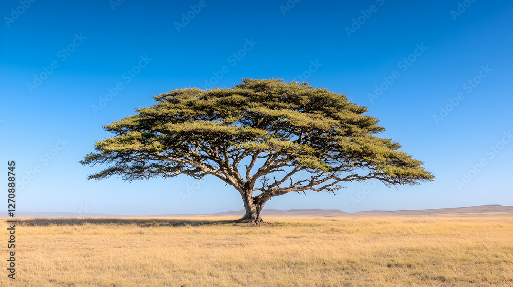Obraz premium Solitary tree stands tall on serene savanna, against a clear blue sky; landscape