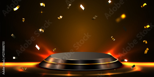 Award round podium on dark background. Victory, achievement, success, rewarding of winner.