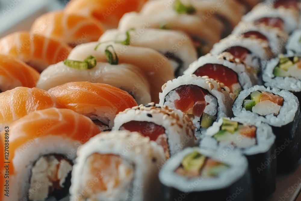 Detailed view of various sushi rolls including salmon nigiri, tuna rolls, and vegetable maki, showcasing textures and ingredients Detailed view of various sushi rolls including salmon nigiri, tuna rolls, and vegetable maki, showcasing textures and ingredients