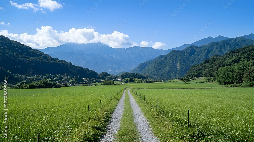 Fototapeta premium Serene Green Valley Landscape with Dirt Road