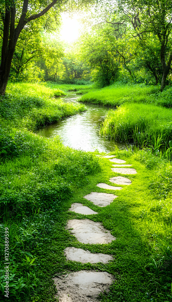 Obraz premium Stepping stones traverse stream in lush forest; tranquil scene for wellness ads