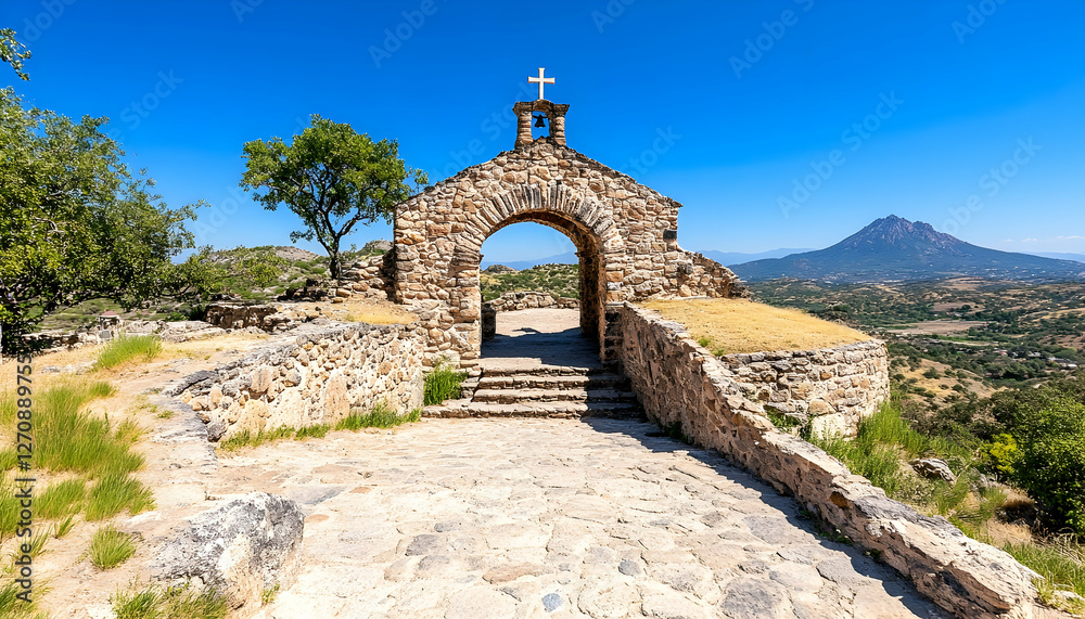Obraz premium Stone chapel sits atop mountain with a cross on blue sky for religion, tourism
