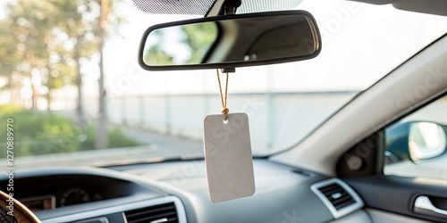 Minimalist Blank Car Air Freshener Tag Hanging from Rearview Mirror for Clean Aesthetic and Automotive Decor