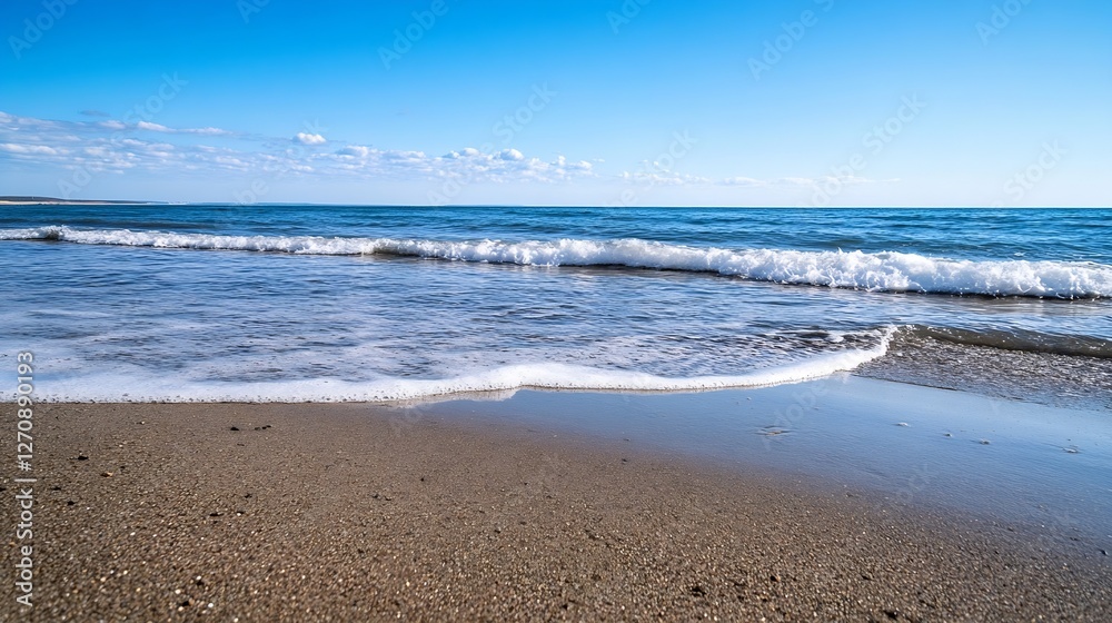 Serene view of the coastline with gentle waves rolling onto a sandy beach under a clear blue sky : Generative AI Serene view of the coastline with gentle waves rolling onto a sandy beach under a clear blue sky : Generative AI