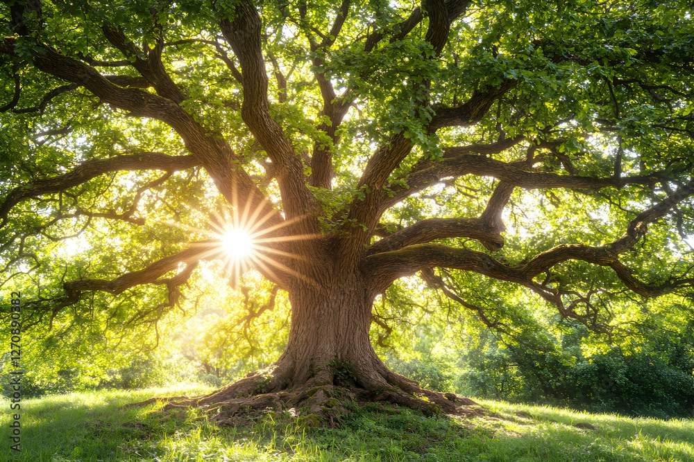 Fototapeta premium Sunlight shines through majestic oak tree in green meadow. Ecology background