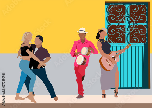 Dancing People, Dancer Bachata, Salsa, Flamenco, Tango, Latina Dance. Set of people in different dance poses and musicians playing Latin music on old city street