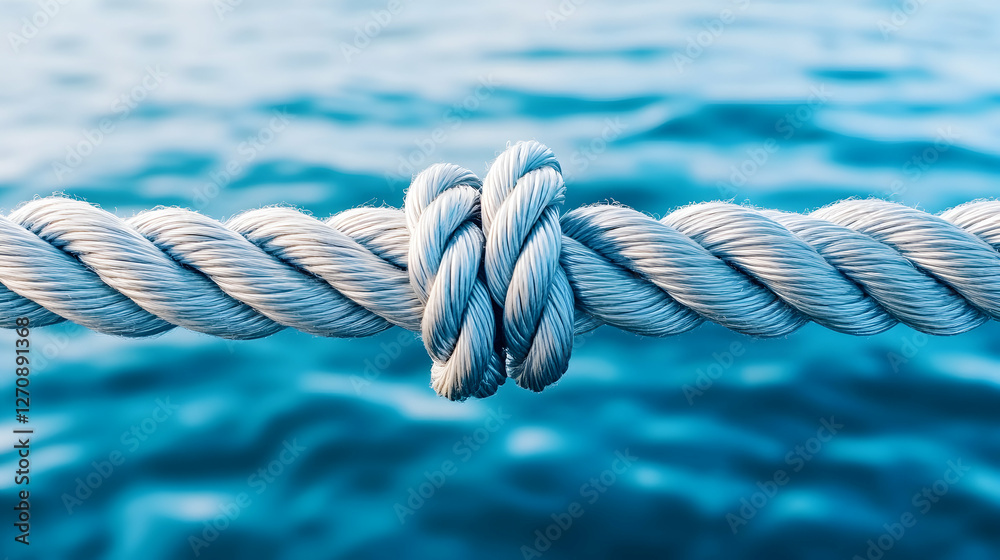 Tight knot on a thick rope over blue sea; symbol for strength, unity and bond Tight knot on a thick rope over blue sea; symbol for strength, unity and bond