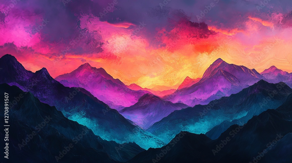 Vibrant sunset mountain landscape with dramatic sky, colorful clouds, breathtaking panoramic view, nature scenery art