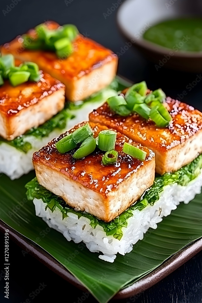 Tofu sushi stack topped with greens sits on banana leaf. Restaurant food Tofu sushi stack topped with greens sits on banana leaf. Restaurant food