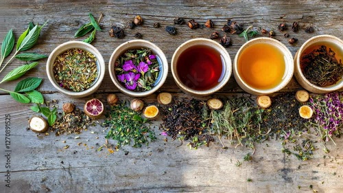 Close-up of a cup of tea with medicinal herbs and flowers. Selective focus