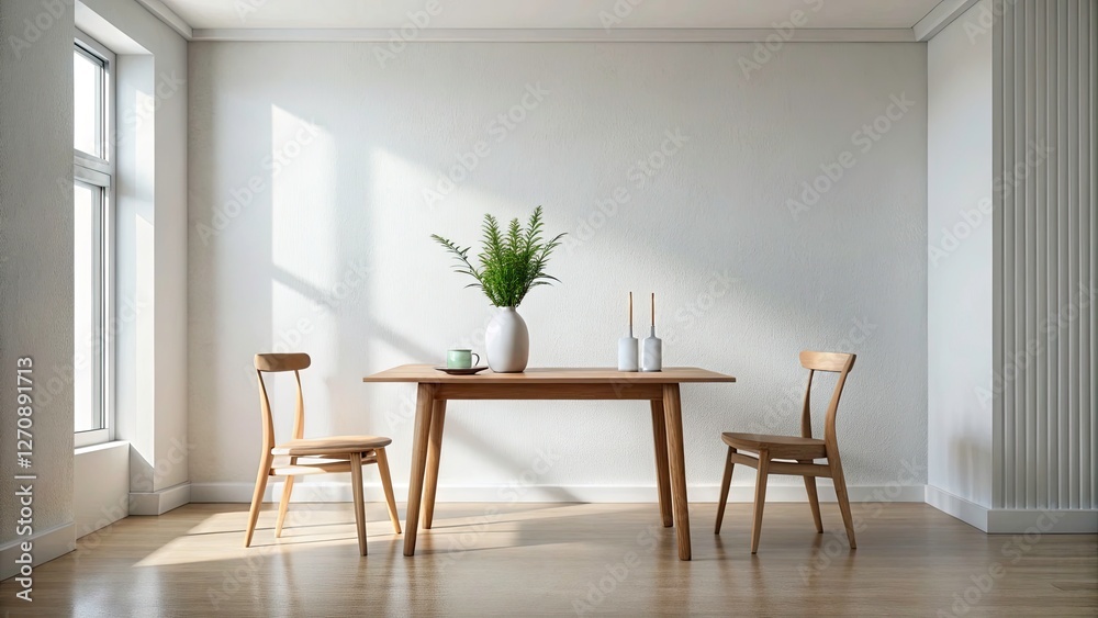 Fototapeta premium Minimalist Room: White Wall, Wooden Table, Chairs, Vase - Interior Design Photography