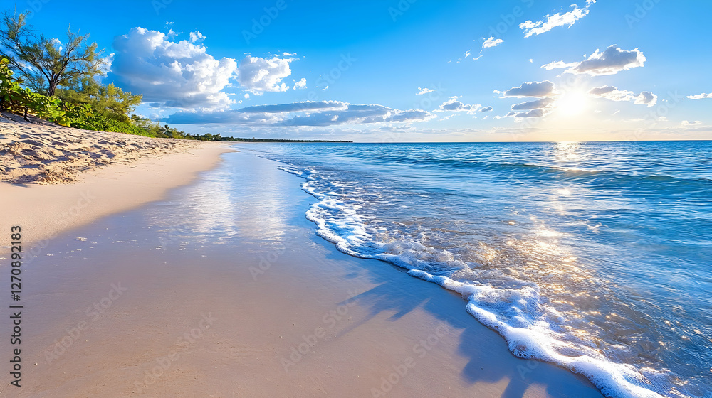 Obraz premium Tropical beach coastline view with water waves reaching shore for tourism promotion