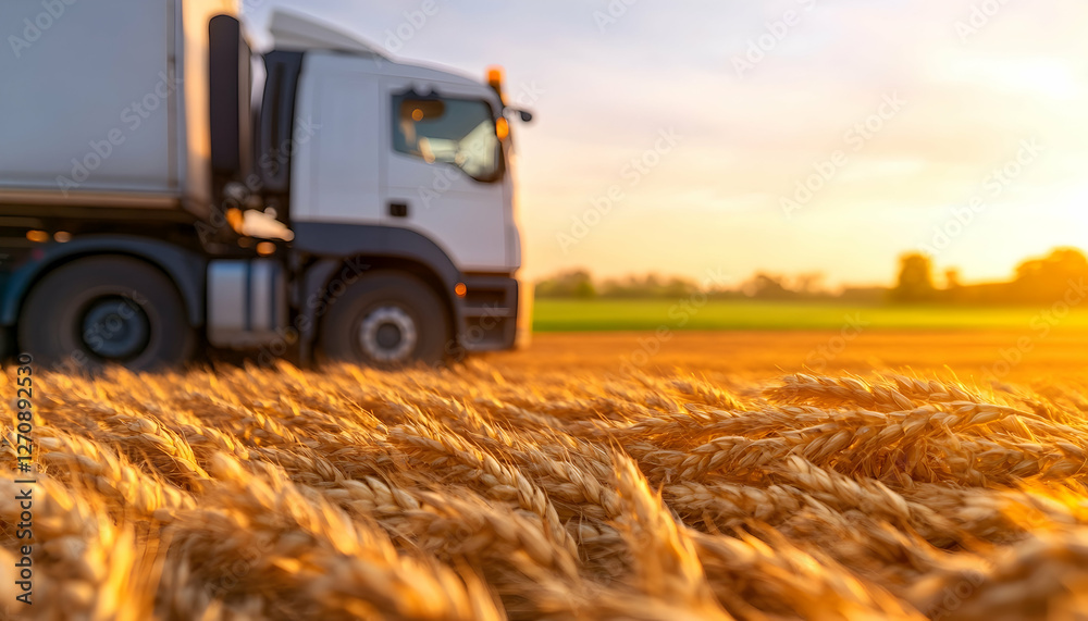 Fototapeta premium Truck transporting grain passing through field at sunrise. Transportation logistics use