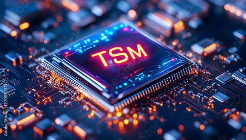 TSM chip on circuit board, glowing; tech background photo