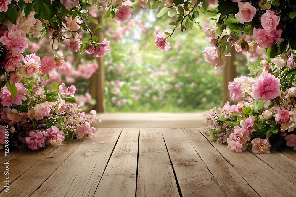 Fototapeta premium Wooden table, rose garden backdrop, spring, product display