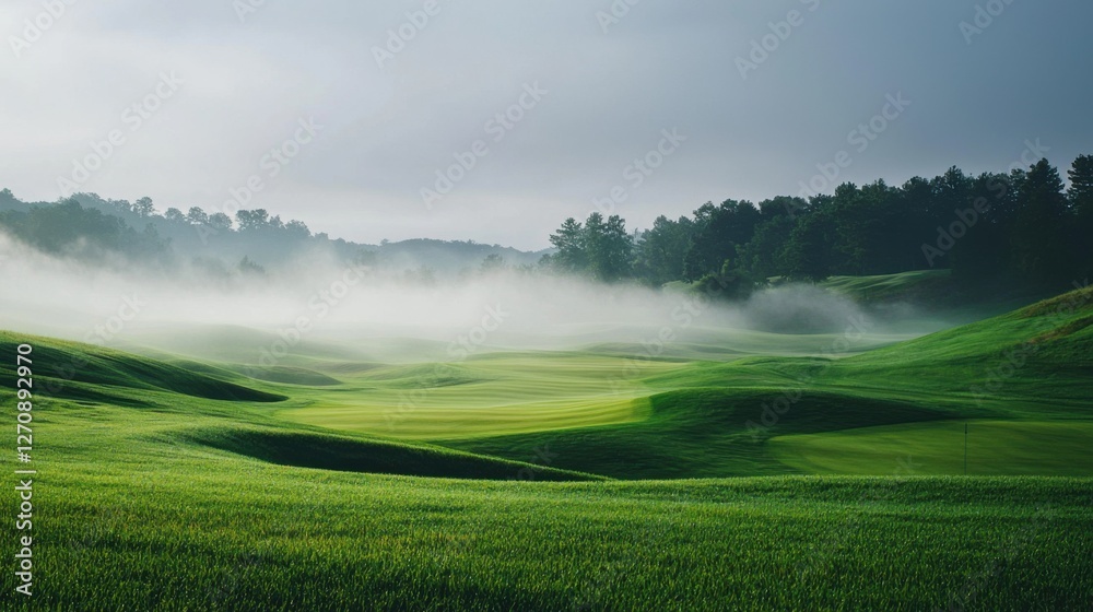 Obraz premium Beautiful landscape of a foggy golf course . Lush green grass and dark foggy cloud make this image amazing.