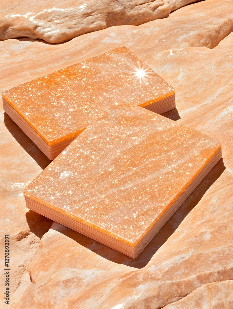 Two shimmering peach stones, set on a rippled rock surface, for product display Two shimmering peach stones, set on a rippled rock surface, for product display