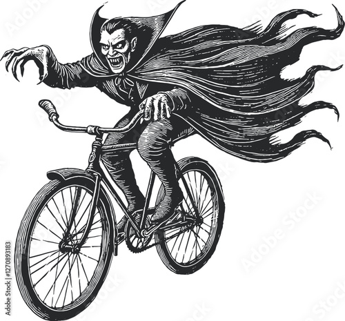 vampire rides a bicycle style engraving hand drawn ink print on t-shirt vector