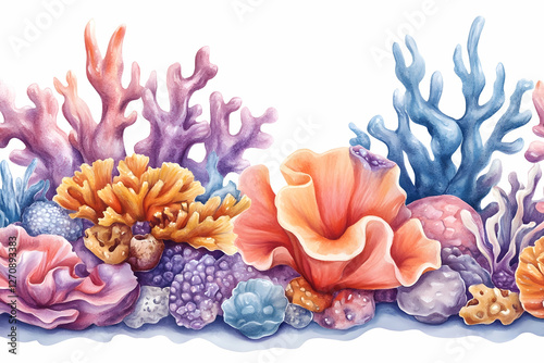 Fototapeta Naklejka Na Ścianę i Meble -  Vibrant coral reef illustration in watercolor, diverse ocean life backdrop, wall art