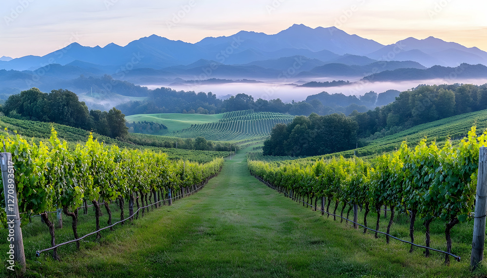 Naklejka premium Vineyard view with mountains in distance, early morning fog and golden light