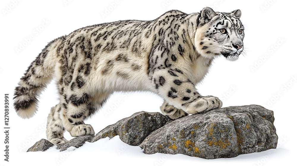 Majestic Snow Leopard Walking on Rocky Mountain Terrain, Wild Big Cat with Spotted Pattern and Long Tail, Endangered Predator in Natural Habitat Isolated on White Background Majestic Snow Leopard Walking on Rocky Mountain Terrain, Wild Big Cat with Spotted Pattern and Long Tail, Endangered Predator in Natural Habitat Isolated on White Background
