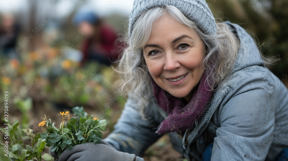 Gardener smiling while planting flowers in community garden