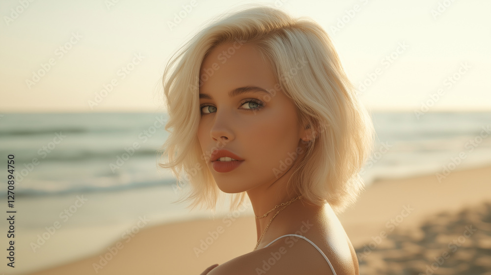 Sommerliches Strandportrait bei Sonnenuntergang in weißem Trägerkleid, natürliche Lichtstimmung und Meeresbrise, Boho-Stil Sommerliches Strandportrait bei Sonnenuntergang in weißem Trägerkleid, natürliche Lichtstimmung und Meeresbrise, Boho-Stil