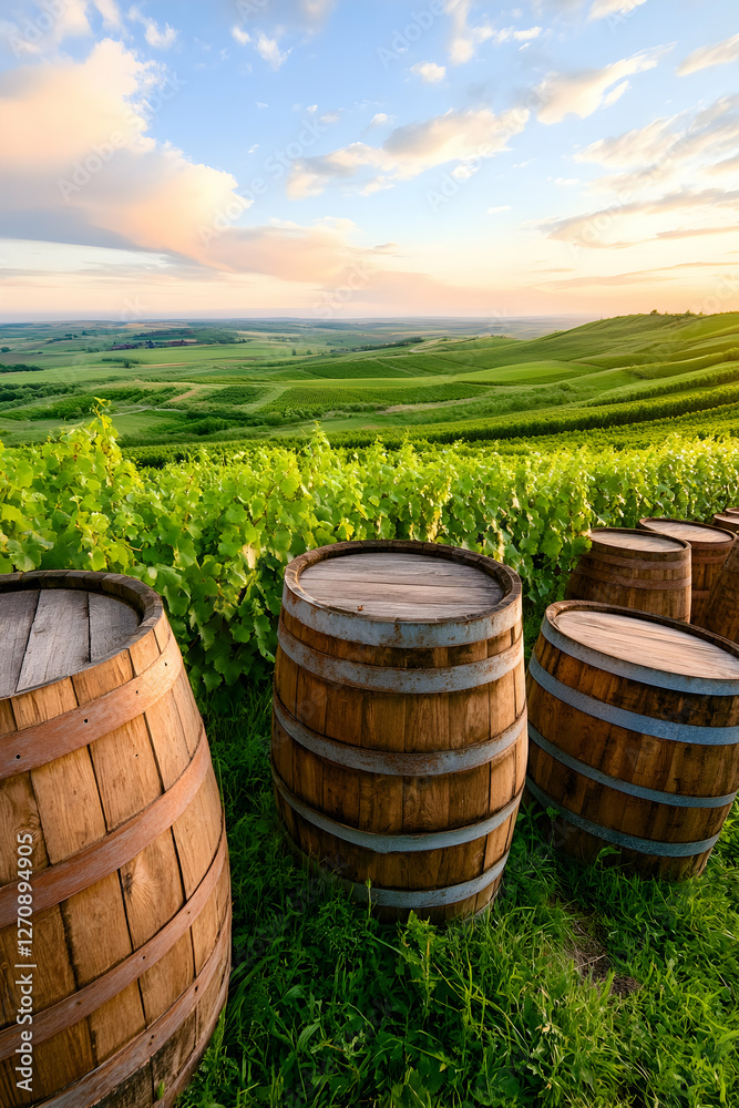 Wine barrels in vineyard, with rolling green hills at sunset for agriculture ads