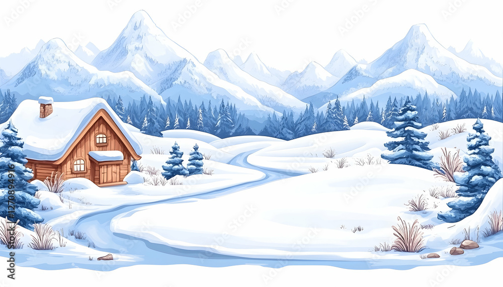 Fototapeta premium Winter Cabin Landscape Serene scene featuring snow-covered mountains and pine trees